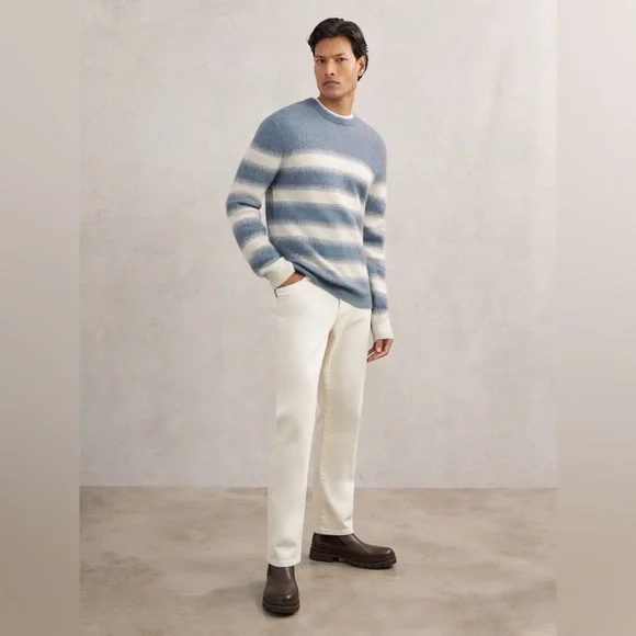 NWT REISS Piers Wool-Alpaca Blend Stripe Jumper in Soft Blue/White